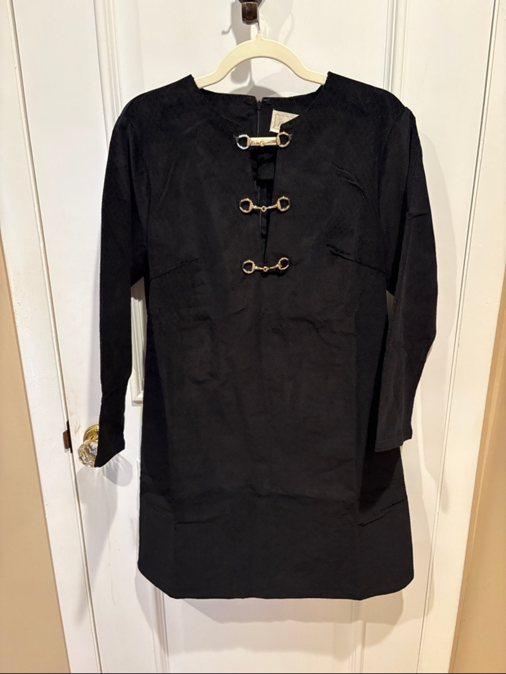 Flora Bea NYC Classic , Black Women's Shift Dress with Gold  horsebit Hardware